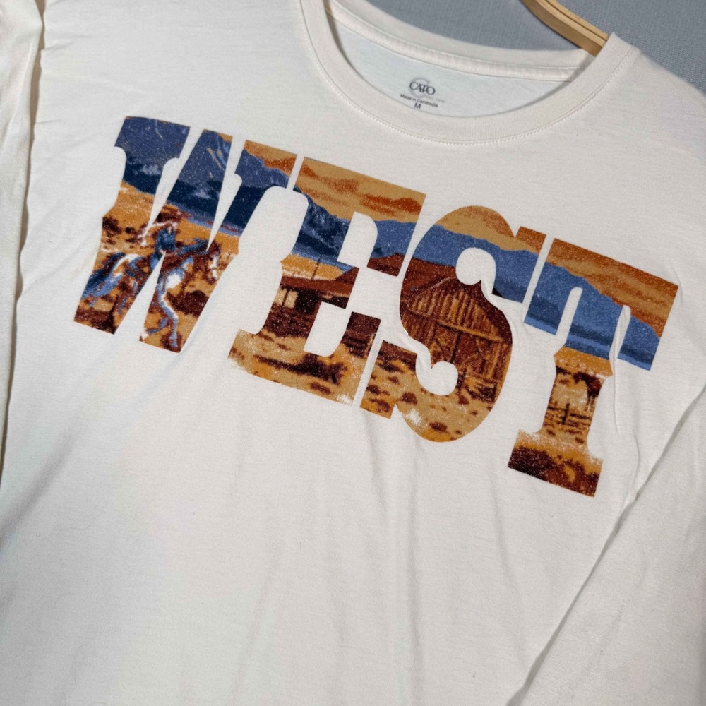 Cato West Graphic Tee Cream Long Sleeve Shirt Medium Boxy Western Vibe